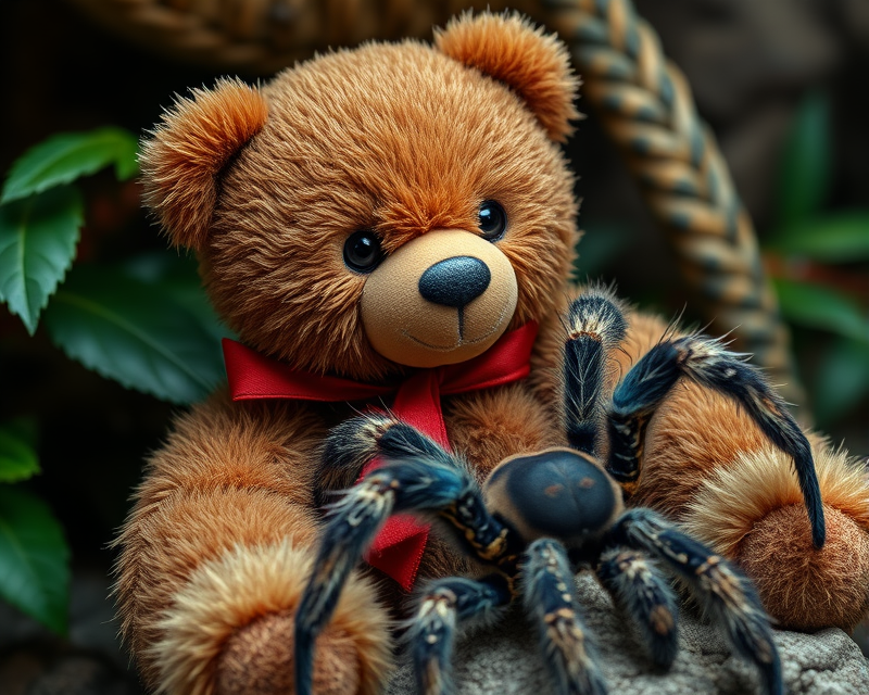 blue, red, teddy bear, tarantula